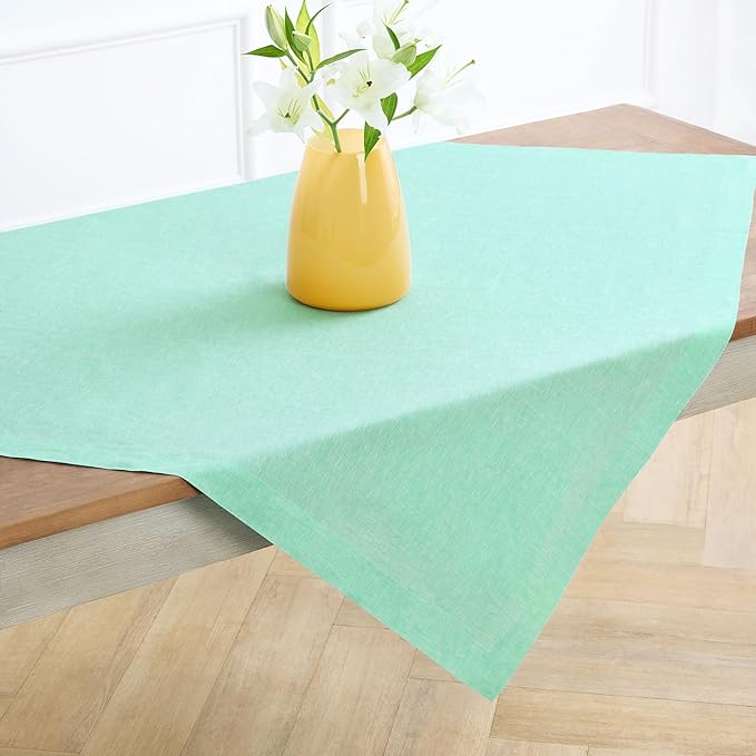 Solino Home Linen Cloth Tablecloth 52 x 52 Inch - 100% Pure Linen Chambray Aqua Square Tablecloth - Athena, Machine Washable Table Throw for Thanksgiving