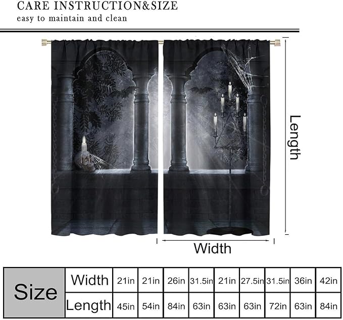 Gothic Mid Century Skeleton Blackout Curtains, Vintage Castle Skull Candlesticks Halloween Horror Spider Web Window Drapes, for Living Room Bedroom 27.5(W)*63(L) 2 Panels
