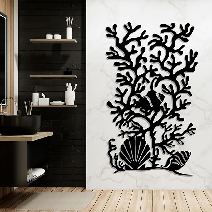 Metal Coral Reef Wall Decor, Coral Reef with Clownfish & Seashells Metal Wall Art, Sea Life Wall Art, Nautical Coastal Wall Decor, Ocean Wall Hanging for Bathroom (Black, 24"x14"/60x36cm)