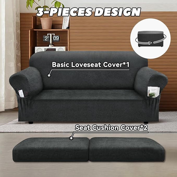 Loveseat Slipcover with Armrest Pockets 3-Piece Set, Stretch Faux Leather Love Seat Covers for 2-Cushion Couches(Fits 58-66") - Non-Slip, Machine Washable, Pet & Kid Friendly - Gray