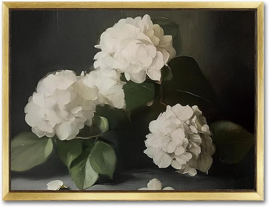 AIMAILON Vintage Gold Canvas Wall Art Framed Decor Classical Botanical Aesthetic Picture Blooming White Hydrangea Flowers Artwork Retro Light Boho Print Desktop Decoration 12x16
