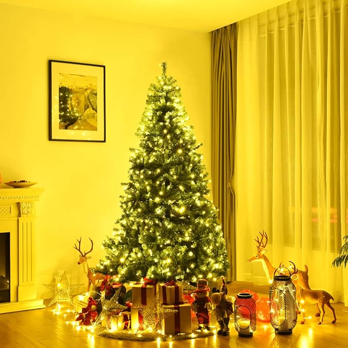 COSTWAY 7 FT Pre-lit Christmas Tree, Artificial Xmas Tree with 500 Warm White & Multicolored Lights, 11 Modes, 1570 Branch Tips, Metal Support, Holiday Decoration Fake Tree for Home, Office, Party