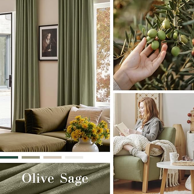 Lazzzy Velvet Blackout Curtains Thermal Insulated Room Window Drapes Super Soft Luxury Curtains for Living Room Bedroom Rod Pocket 2 Panels, Olive Sage, 62" W x 90" L