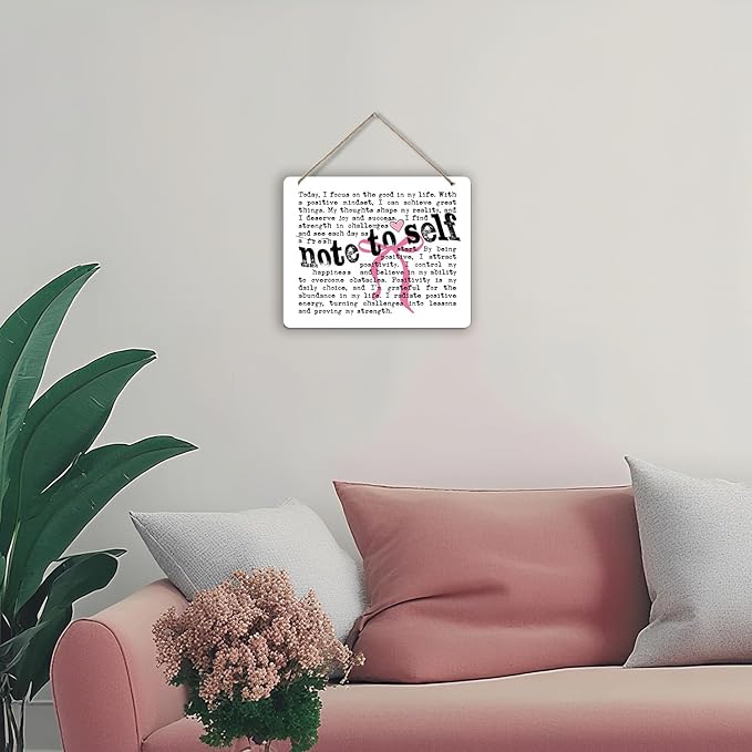 Udinaz Mental Health Inspirational Hanging Sign, Positive Affirmations Wall Decor, Note to Self Coquette Pink Bow Hanging Wood Plaque Decor for Therapy Office Girly Bedroom Wall Door Decorations