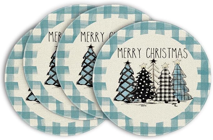 Artoid Mode Xmas Trees Light Blue Buffalo Plaid Merry Christmas Round Placemats Set of 4,14 Inch Winter Round Table Mats for Dining Decoration