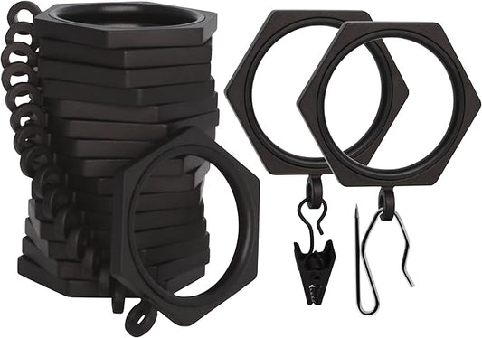BlastHome® Luxury Curtain Rings - Premium Metal with Quiet, Smooth Nylon Inserts - Pinhooks and Clips Included - 1 1/2" Inside Diameter - 18 Rings for Two Standard Curtains - Brushed Dark Brown