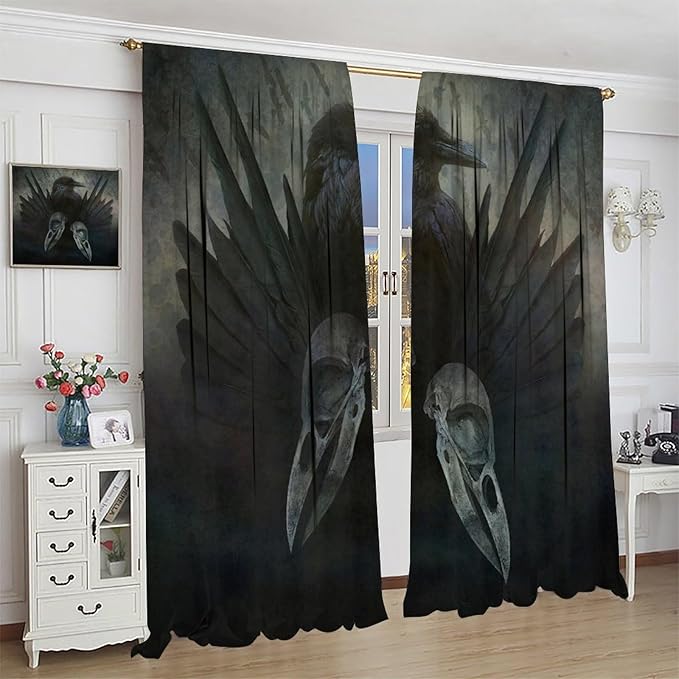 Gothic Blackout Window Curtains, Halloween Black Raven Crow Black Dark Wings Rod Pocket Window Treatments Drapes, for Living Room Bedroom 27.5(W)*63(L) 2 Panels