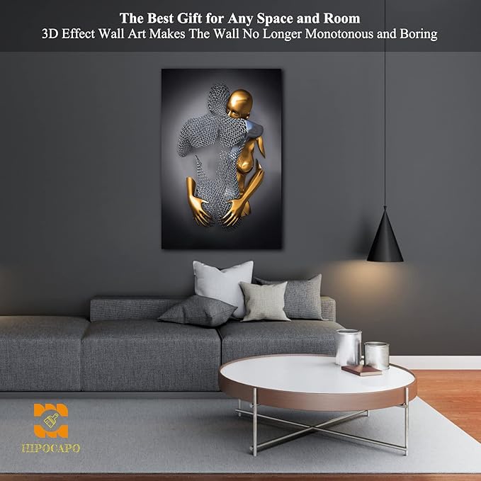 3D Metal Effect Wall Art - 3D Metal Canvas Art, 3D Metal Canvas Art 3D Canvas Art Wall Decor for Modern Living Room, Framed Romantic Couple Living Room Canvas Wall Art 24”x36”x1Pcs