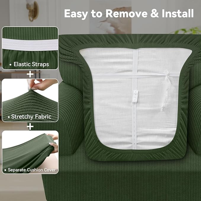Waterproof Chair Cover with Arms 2-Piece Set Striped Slipcover for 1 Separate T Cushion Couch - TPU Fabric Armchair Covers Leakproof Couch Protector for Kids, Pets(Chair, Military Green)