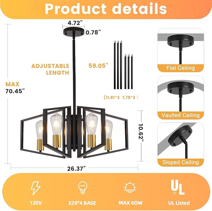 WJShome 4-Light Black and Gold Chandelier, Farmhouse Ceiling Light Fixtures, Dining Room Light Fixtures Over Table, Hanging Geometric Pendant Lights, for Kitchen Island, Bedroom, Foyer, Entryway