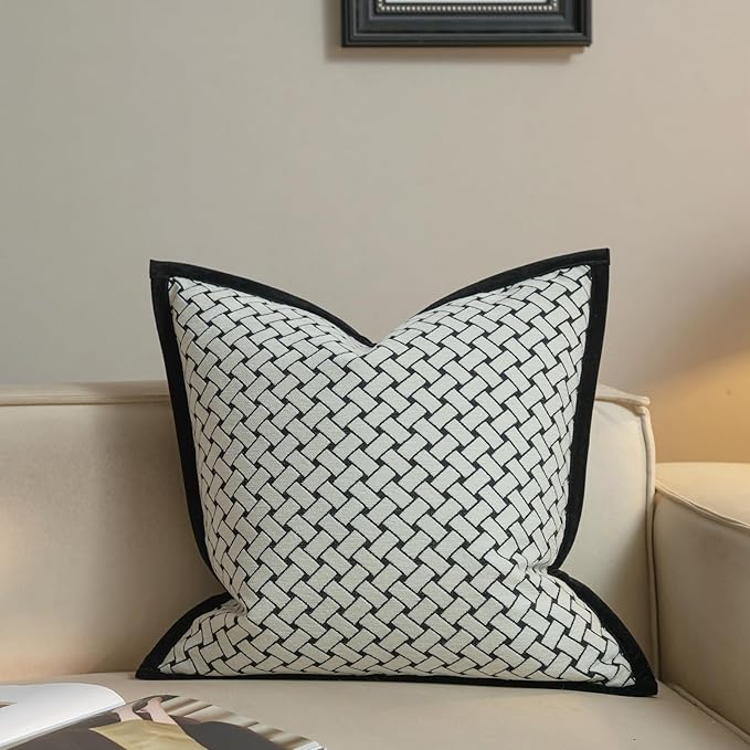 New 22x22'' inches Throw Pillow Cushion Covers - Woven Grid Black Chenille Jacquard Embroidery with Edge Strip Luxury Modern Style Couch Sofa Bed Pillow Cover for Living Room Bedroom