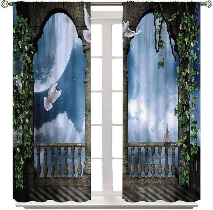 Gothic Castle Arch Blackout Curtains, Mid Century Balcony and Doves Vintage Style Rod Pocket Window Drapes, for Living Room Bedroom 27.5(W)*63(L) 2 Panels