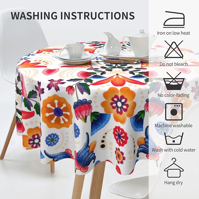 Mexican Round Tablecloth, Traditional Floral Tile Dia De Los Muertos Azulejo Mosaic Mexico Water Resisitant Table Cover for Dining Kitchen Living Room Home Party Holiday Decor 60 inch Round