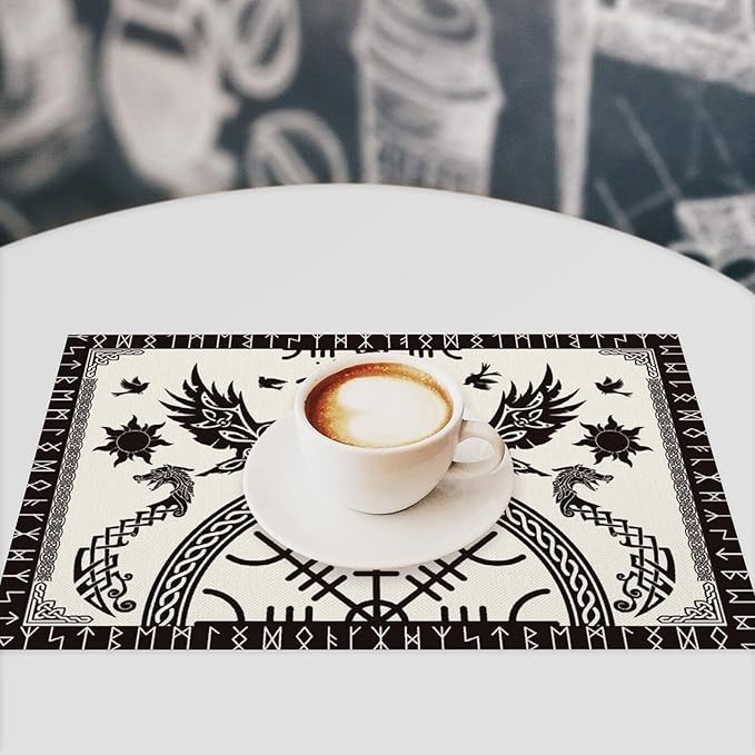 Viking Placemat Set of 4, 12x18 Inch Vintage Tree of Life Nordic Mythology Raven Helmet of Awe Dragon Animal Black Rustic Coffee Table Mats for Outdoor Farmhouse Kitchen Dining Table Decoration