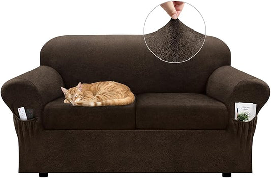 Loveseat Slipcover with Armrest Pockets 3-Piece Set, Stretch Faux Leather Love Seat Covers for 2-Cushion Couches(Fits 58-66") - Non-Slip, Machine Washable, Pet & Kid Friendly - Brown