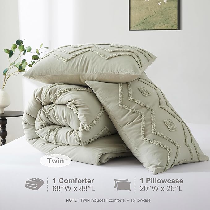 Oli Anderson Boho Tufted Comforter Set Twin Size, 2 Pcs Soft Jacquard Bedding Set for All Seasons, Shabby Chic Farmhouse Bedding Set with Comforters for All Seasons (Mist Sage, Twin)