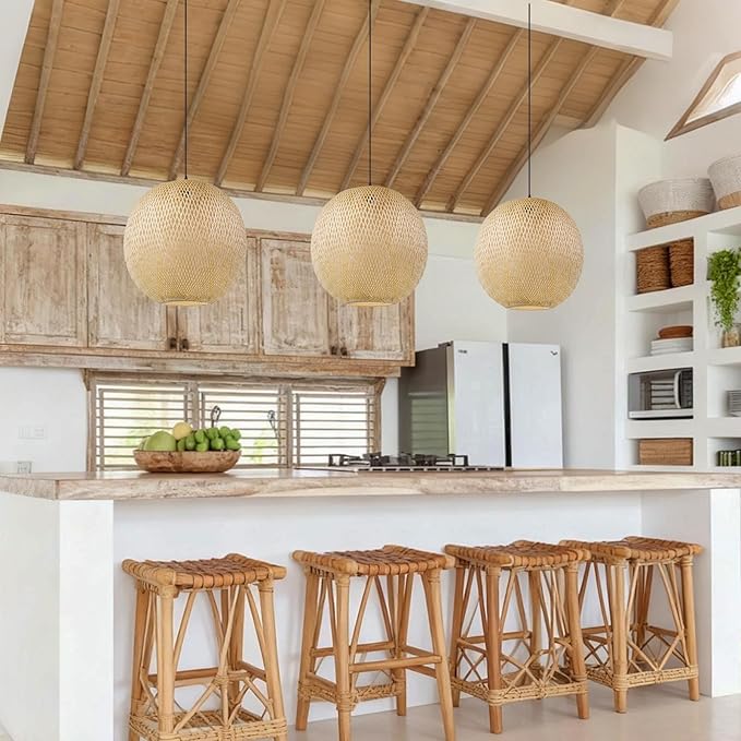 Arturesthome 15.7" Bamboo Pendant Lights, Round Wicker Chandelier, Hand-Woven Boho Basket Lampshade Hanging Ceiling Light for Kitchen Island Living Room