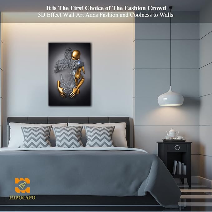 3D Metal Effect Wall Art - 3D Metal Canvas Art, 3D Metal Canvas Art 3D Canvas Art Wall Decor for Modern Living Room, Framed Romantic Couple Living Room Canvas Wall Art 12”x18”x1Pcs