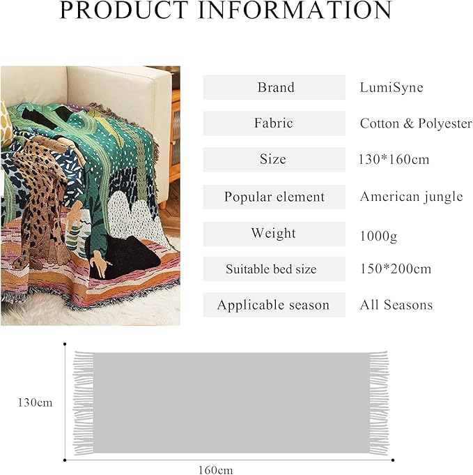 Double-Sided Cotton Woven Throw Blanket with Tassel Jungle Bohemian Style Tapestry Shawl Multi-Function Decorative Throws for Sofa Bed Armchair Camping Blanket Tablecloth Carpet 160x130cm