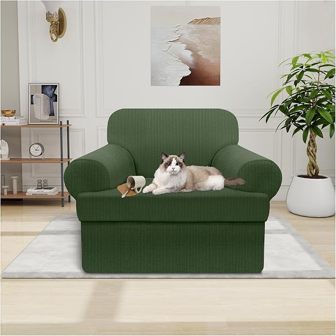 Waterproof Chair Cover with Arms 2-Piece Set Striped Slipcover for 1 Separate T Cushion Couch - TPU Fabric Armchair Covers Leakproof Couch Protector for Kids, Pets(Chair, Military Green)