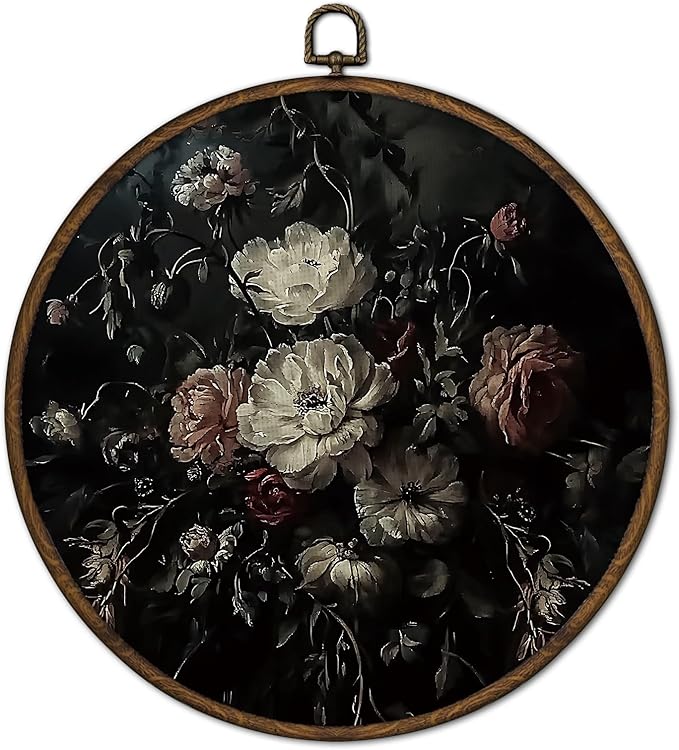 cvjutf Witchy Gothic Floral Wall Art Decor Framed, Moody Gothic Botanical Flower Round Wall Decor, Rustic Dark Academia Cottagecore Flower Canvas Prints Art for Home Living Room Gallery, 10x10 Inch