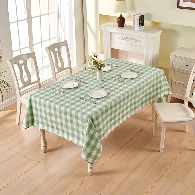 BALCONY & FALCON Gingham Table Cloth Rectangle – Reversible Water-Resistant Cotton Checkered Tablecloth for Outdoor Picnic, Camping, Kitchen, Holiday Party Decor (Green White, 55x95 Inch)