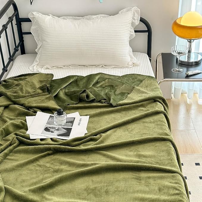 Luxury Ultra-Soft Milk Flannel Velvet Waffle Weave Throw Blanket for Couch Sofa Chair Bed - Pet Cats Feeling - Nordic Modern Aetec Style - Lightweight Cozy Fluffy Comfy - Olive Green 50"x60"
