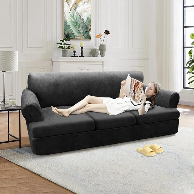 4-Piece T Couch Cover - Leather Look Slipcovers for 3 Cushion Sofa, Dark Grey