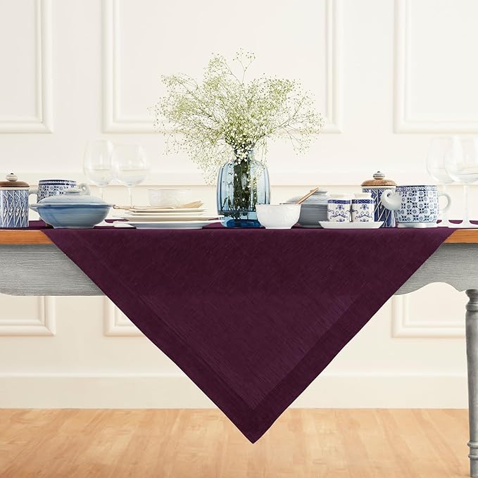 Solino Home Linen Tablecloth 52 x 52 Inch - 100% Pure Linen Square Table Throw - Athena, Machine Washable Chambray Burgundy Tablecloth for Fall, Autumn, Thanksgiving, Christmas, Holiday, Winter