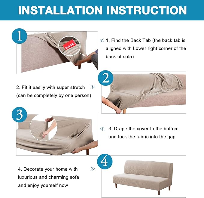 Flamingo P Stretch Armless Futon Covers - Full Queen Futon Couch Covers Slipcover - Soft Thick Jacquard Washable Sand