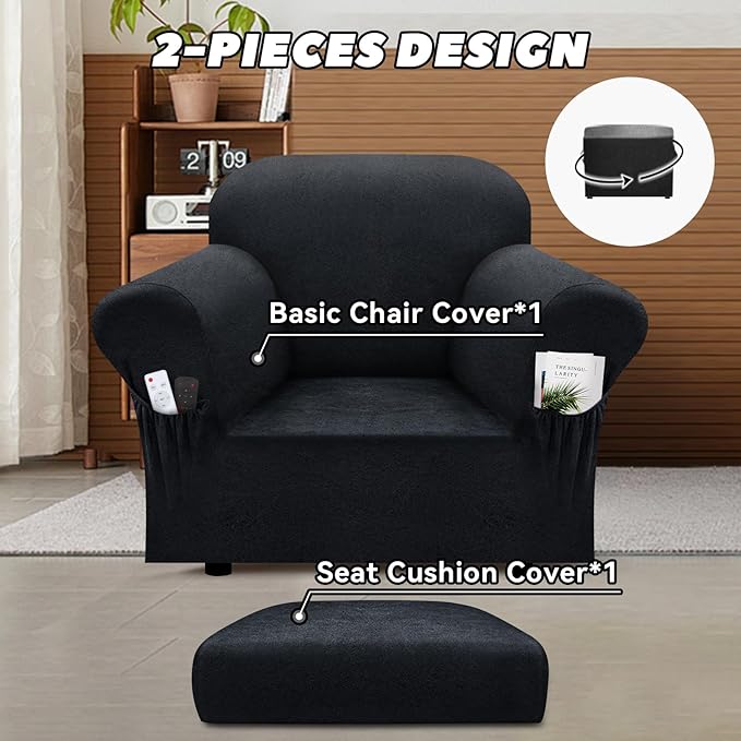 Chair Slipcover with Armrest Pockets 2-Piece Set, Stretch Faux Leather Chair Cover for Armchairs(Fits 31-45") - Non-Slip, Machine Washable, Pet & Kid Friendly - Dark Gray