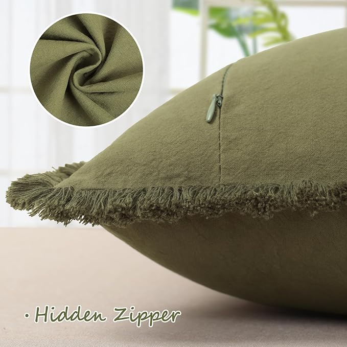 ZWJD Pillow Covers 20x20 Set of 2 Army Green Throw Pillow Covers with Fringe Chic Cotton Decorative Pillows Square Cushion Covers for Sofa Couch Bed Living Room Farmhouse Boho Decor