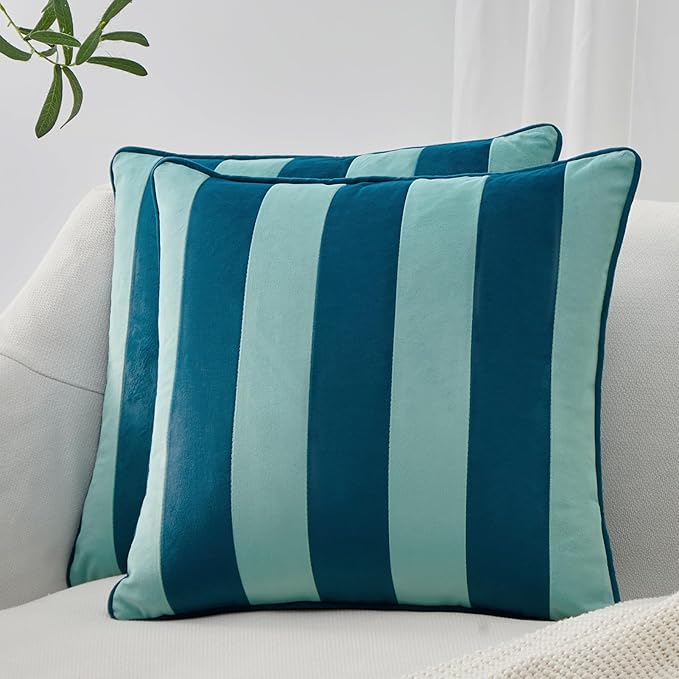 MONDAY MOOSE Decorative Throw Pillow Covers Cushion Cases, Set of 2 Soft Velvet Striped Piping Edge Designs, Pillow Inserts Not Included (Blue/Light Blue, 20x20 inch)
