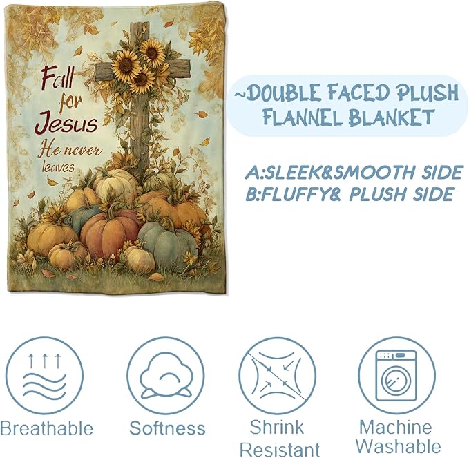 Christian Fall Blanket,Inspirational Gifts for Believer,Soft Lightweight Flannel Throw Blankets,Pumpkin Sunflower and Cross Throws Autumn Home Decor,for Camping Living Room Office,60x50inch