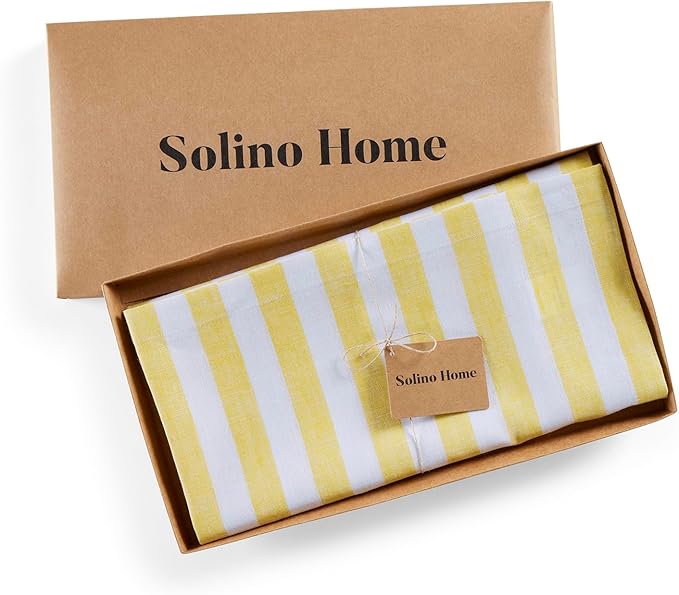 Solino Home Linen Square Tablecloth 52 x 52 Inch - Sorrento Stripe, 100% Pure Linen Yellow and White Table Throw - Machine Washable Tablecloth
