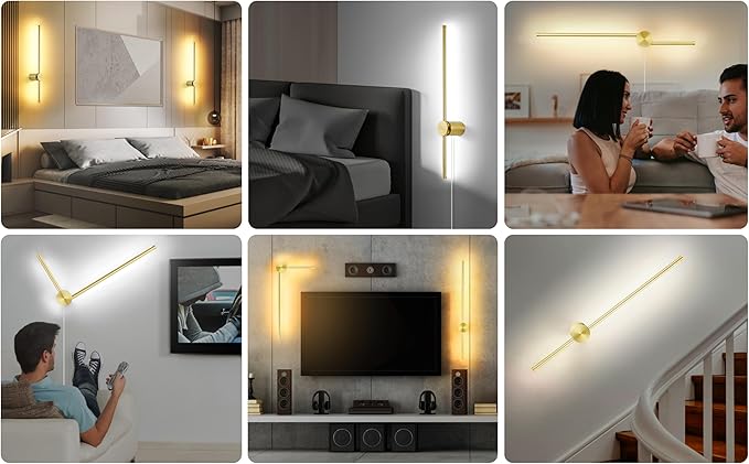 Wall Sconces Set of Two with Remote, Stepless Colors 3000K-6500K & Stepless Dimming, Hardwire or Plug-in, 180° Rotate, LED Gold Plug in Wall Sconces with Timer & Night Light, 23.6 Inches