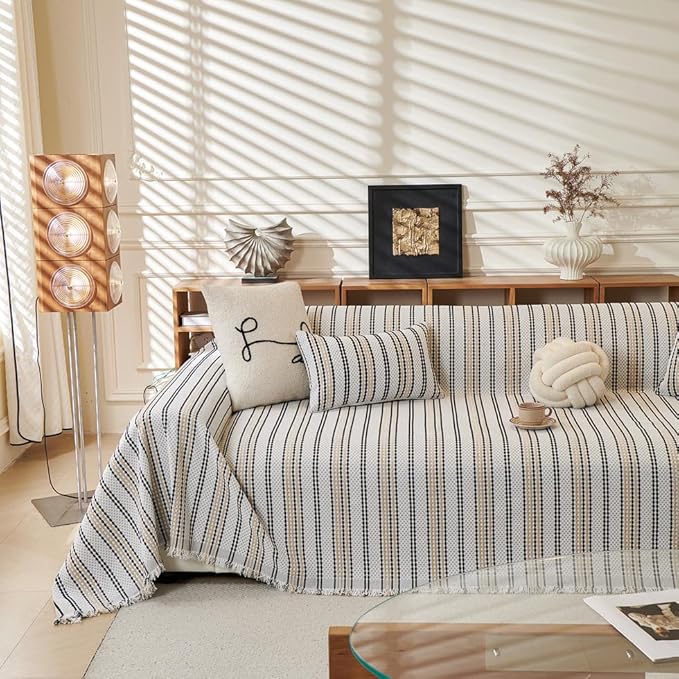 ROOMLIFE Thicked Striped Boho Khaki Couch Cover for 2-3 Cushion Sofa, Chenille Sofa Slipcovers Sectional Sofas Covers for Dog, Non Slip Washable Furniture Protector Soft with Tassel 71''X134''