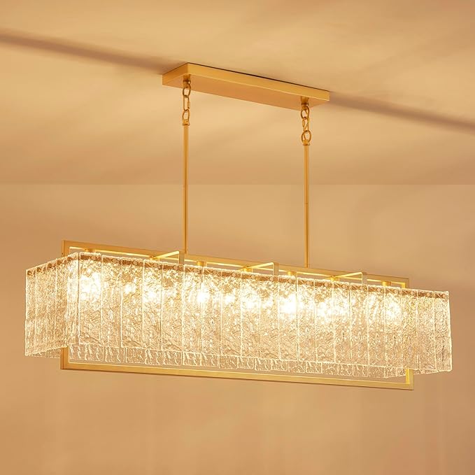 Shrine Lighting Gold Glass Chandeliers, Modern Design, Rectangular Chandelier for Living Space, L39.1'' × W10.2'' × H19.5'', Adjustable 50.8'', 7 x E12 Sockets, Glass LampShade & Brass Finish Frame