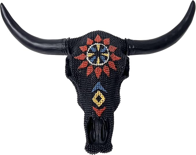 BestGiftEver Wall Sculpture Black Beaded Bull Skull - Steer Head Southwestern Rustic Aztec Tribal Style Wall Decor - Cow Skull Western Native American Home Decor for Hunting Enthusiasts