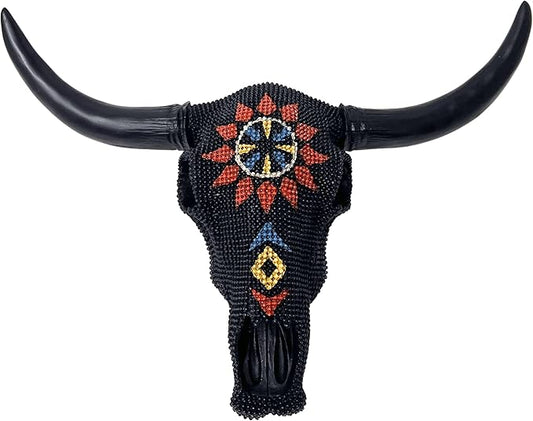 BestGiftEver Wall Sculpture Black Beaded Bull Skull - Steer Head Southwestern Rustic Aztec Tribal Style Wall Decor - Cow Skull Western Native American Home Decor for Hunting Enthusiasts