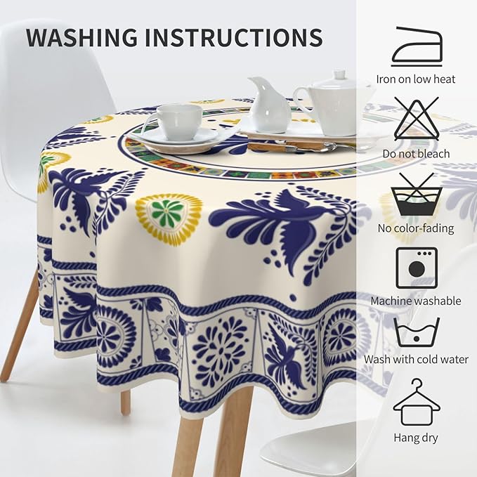 Mexican Round Tablecloth, Floral Bird Talavera Ceramic Tile Dia De Los Muertos Azulejo Mosaic Water Resisitant Table Cover for Dining Kitchen Living Room Home Party Holiday Decor 60 inch Round