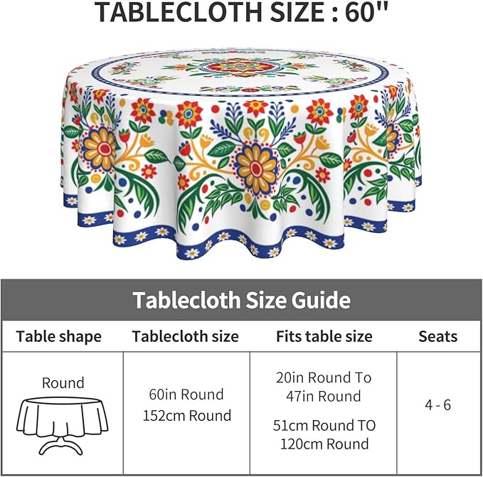 Mexican Round Tablecloth, Traditional Floral Bird Dia De Los Muertos Azulejo Mosaic Mexico Water Resisitant Table Cover for Dining Kitchen Living Room Home Party Holiday Decor 70 inch Round