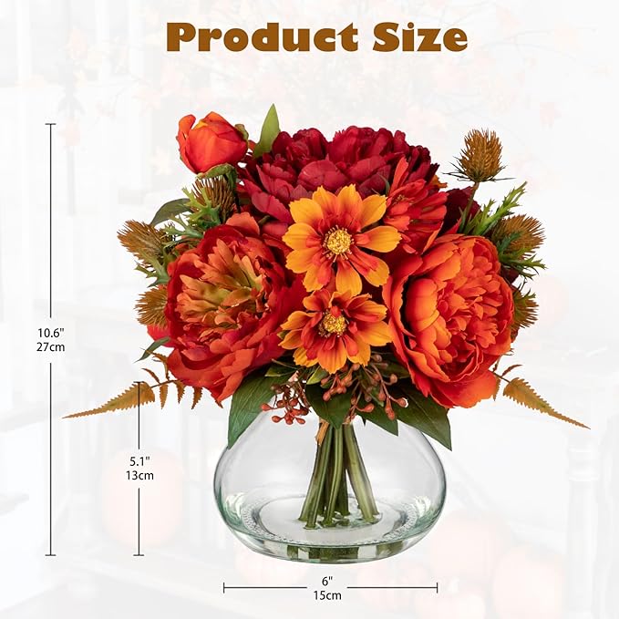 Fake Peony Flowers in Vase Fall Table Centerpiece Faux Floral Arrangement in Vase Autumn Artificial Flowres for Tables Orange Silk Flowers Arrangement