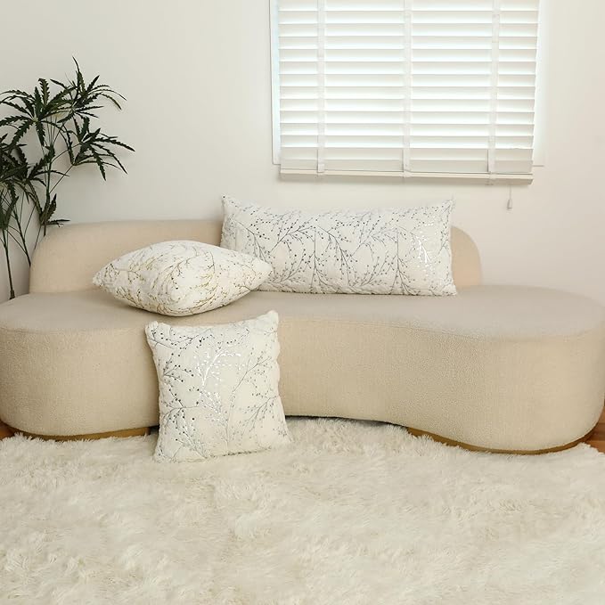 LIGICKY Decorative Long Lumbar Pillow Cover14x36inch Fluffy White Fur Pillow Coves Silver Branches Glitter Throw Pillows Soft Furry Sparkling Rectangle Cushion Cases for Sofa Bedroom Party Décor