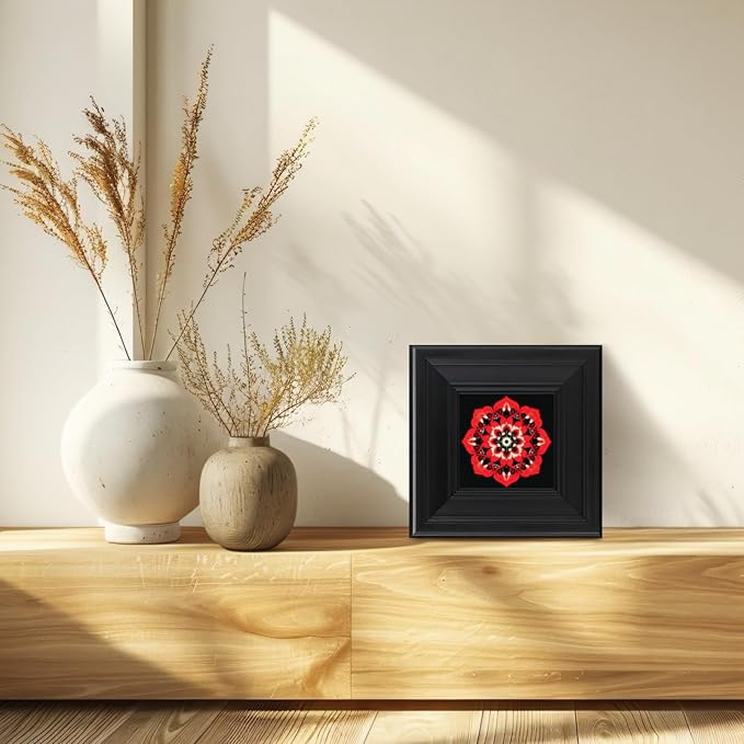 Brivoria Mandala Wall Art Home Decor, Framed Red and Gold Crimson Flame Mandala, Modern Spiritual Energy Wall Decor for Meditation Corner Desk Shelf or Bedroom, Vibrant Wall and Tabletop Accent, 8x8