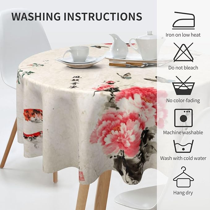 Chinese Tablecloth, Traditoanl Landscape Floral Oriental Koi Vintage Ink Painting Japanese Water Resisitant Table Cover for Dining Kitchen Living Room Home Party Holiday Decor 60 inch Round