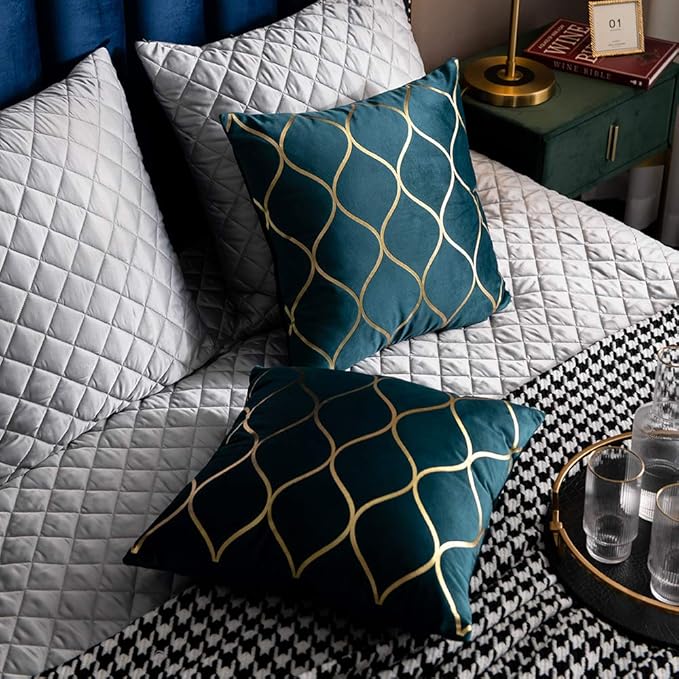 22x22 Inch Gold Velvet Throw Pillow Covers: 2 Pack Square Decorative Pillow Cases for Bedroom Sofa Couch Living Room, Teal Christmas