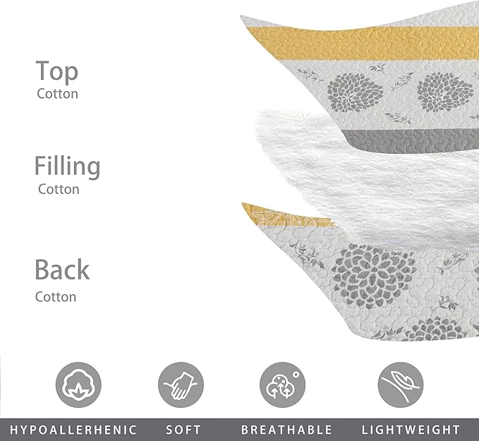 Homzard Quilt Queen Size-Comforter Queen Bedding Set,Yellow Gray White All Cotton Quilted Bedspread, Striped Floral Pattern Quilt Set,Lightweight Paisley 3 Piece,All Seasons