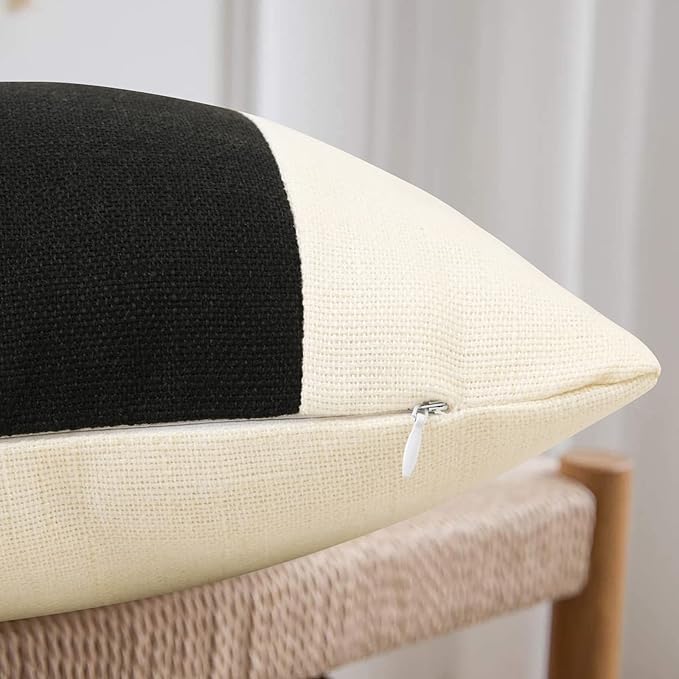 Pyonic Set of 2 Black Linen Patchwork Throw Lumbar Pillow Covers for Couch Farmhouse Decorative Outdoor Pillow Cover for Sofa Living Room Bedroom 12x20 Inch
