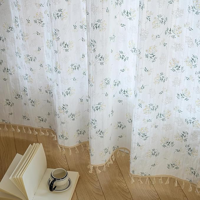OYX Boho Curtains 63 Inch Length 2 Panels for Living Room, Bedroom Light Filtering Drapes, Farmhouse Vintage Country French Rustic Tassels Pattern Rod Pocket Aesthetic Decor Window Treatments